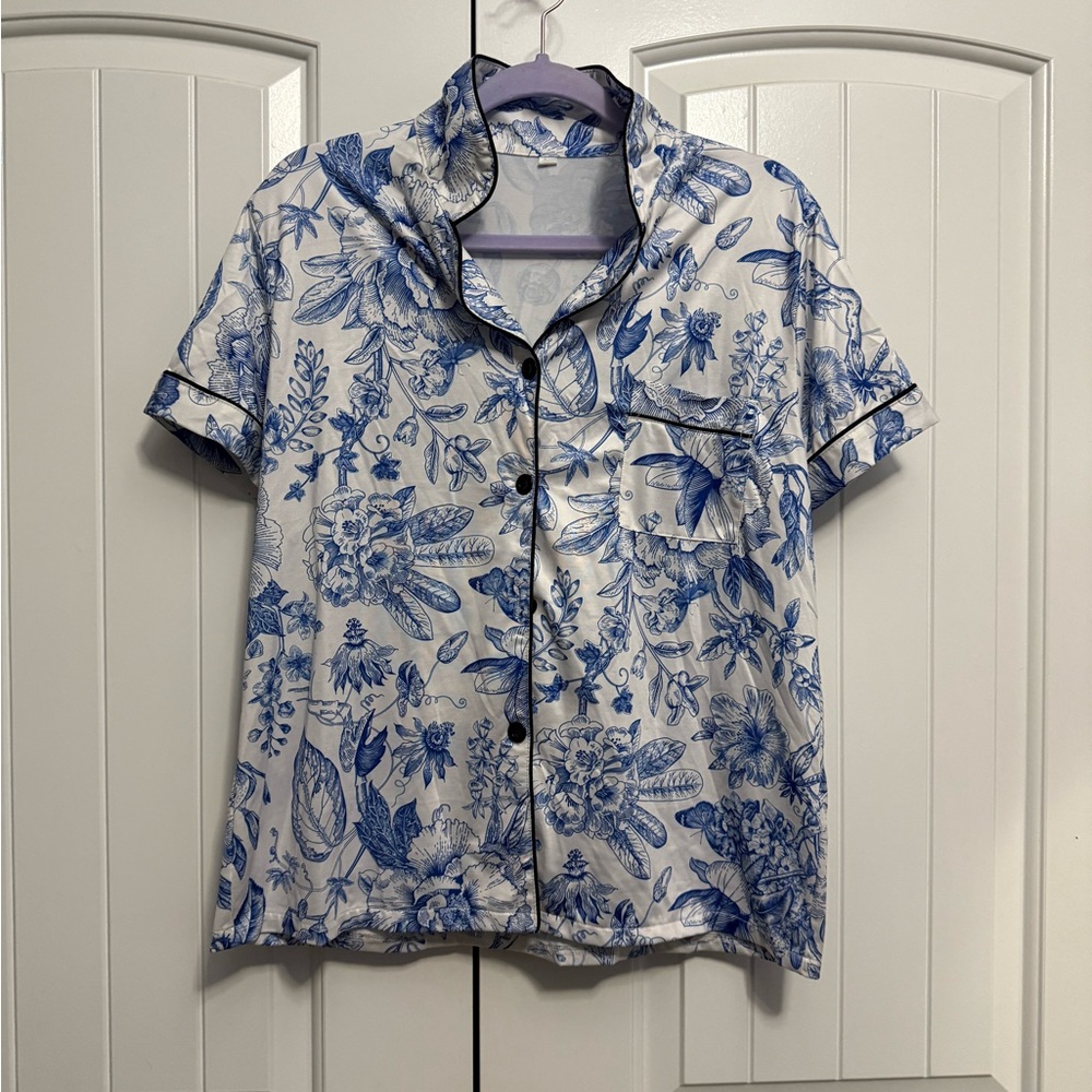 Floral Blue and White Women's Pajama Top